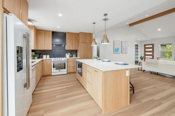 Interior, Kitchen, Pendant Lights, Recessed Lighting, Stainless Steel Appliances, Wooden Beams, Wood Texture Flooring