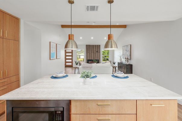 Interior, Kitchen, Pendant Lights, Recessed Lighting, Wooden Beams, Wood Texture Flooring