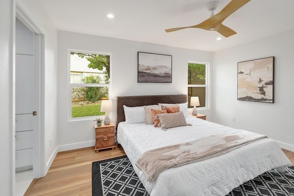 Bedroom, Interior, Recessed Lighting, Wood Texture Flooring