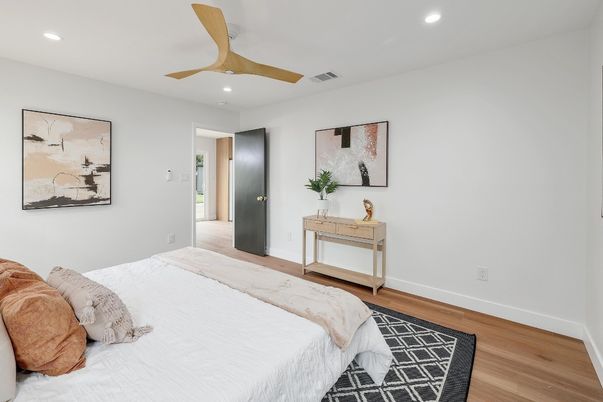 Bedroom, Interior, Recessed Lighting, Wood Texture Flooring