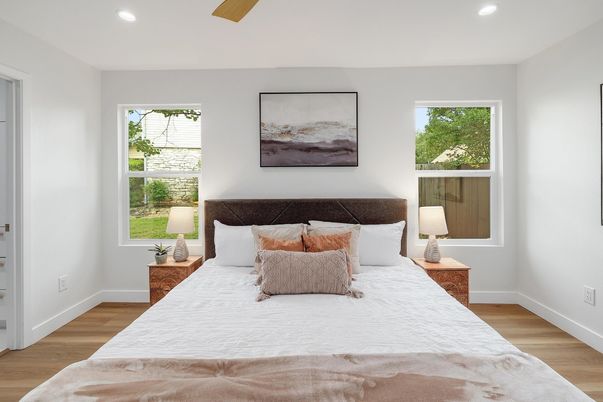 Bedroom, Interior, Recessed Lighting, Wood Texture Flooring