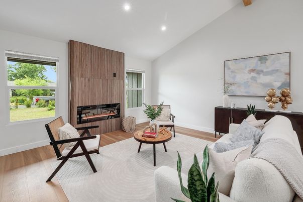 Fireplace, Interior, Living room, Recessed Lighting, Wood Texture Flooring