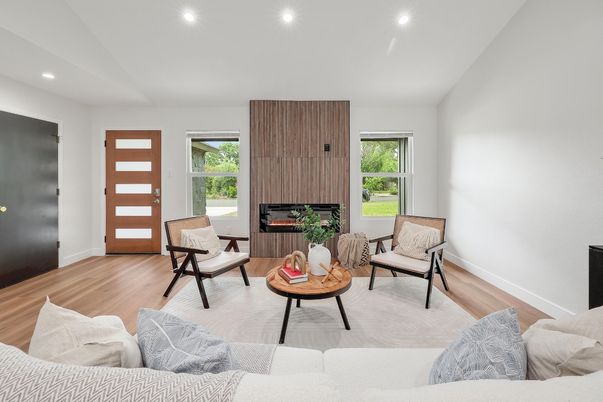 Fireplace, Interior, Living room, Recessed Lighting, Wood Texture Flooring
