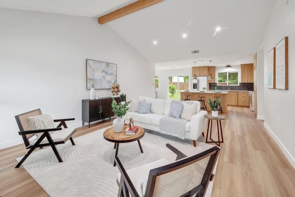 Interior, Kitchen, Living room, Recessed Lighting, Wooden Beams, Wood Texture Flooring