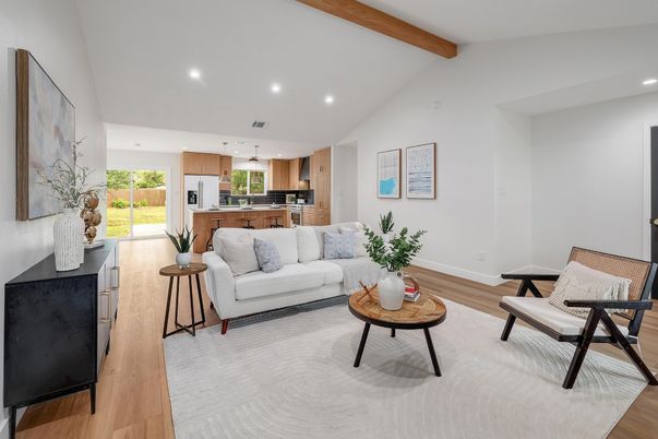 Interior, Kitchen, Living room, Pendant Lights, Recessed Lighting, Wooden Beams, Wood Texture Flooring