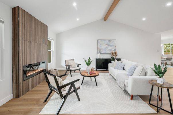 Fireplace, Interior, Living room, Recessed Lighting, Wooden Beams, Wood Texture Flooring