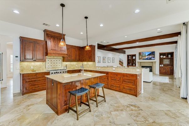 Fireplace, Interior, Kitchen, Pendant Lights, Recessed Lighting, Wooden Beams