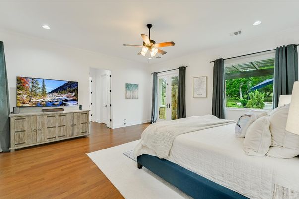 Bedroom, Interior, Recessed Lighting, Wood Texture Flooring