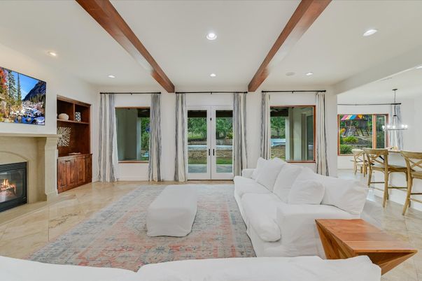 Dining room, Fireplace, Interior, Living room, Pendant Lights, Recessed Lighting, Wooden Beams