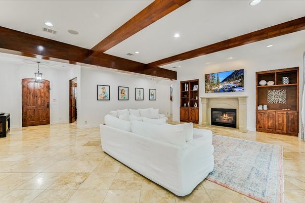 Fireplace, Interior, Living room, Pendant Lights, Recessed Lighting, Wooden Beams