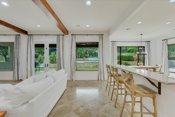 Dining room, Interior, Pendant Lights, Recessed Lighting, Wooden Beams
