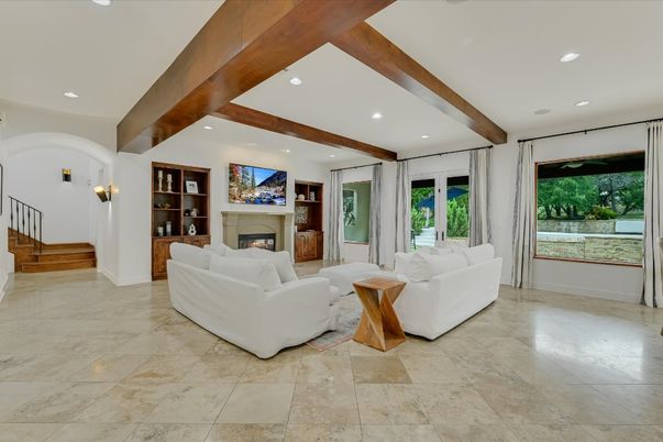 Fireplace, Interior, Living room, Recessed Lighting, Wooden Beams