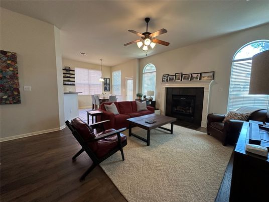 Dining room, Fireplace, Interior, Living room, Pendant Lights, Wood Texture Flooring