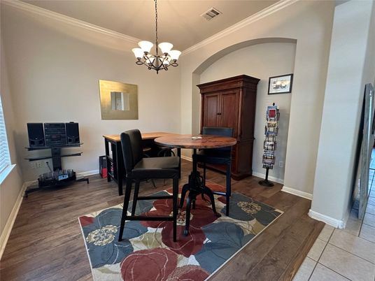 Chandelier, Dining room, Interior, Wood Texture Flooring