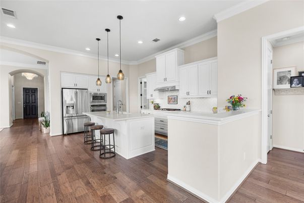 Interior, Kitchen, Pendant Lights, Recessed Lighting, Stainless Steel Appliances, Wood Texture Flooring
