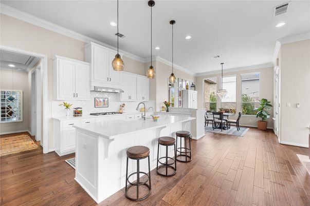Dining room, Interior, Kitchen, Pendant Lights, Recessed Lighting, Wood Texture Flooring