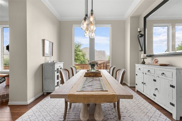 Dining room, Interior, Pendant Lights, Wood Texture Flooring
