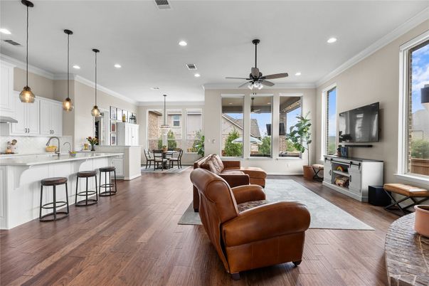 Dining room, Fireplace, Interior, Kitchen, Living room, Pendant Lights, Recessed Lighting, Wood Texture Flooring