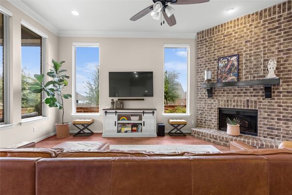 Fireplace, Interior, Living room, Recessed Lighting, Stone Walls