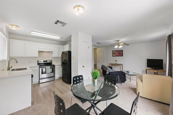 Dining room, Interior, Kitchen, Stainless Steel Appliances, Wood Texture Flooring
