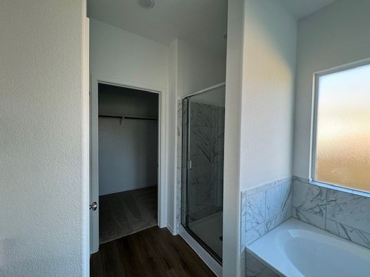 Bathroom, Glass Shower, Interior, Marble Walls, Wood Texture Flooring