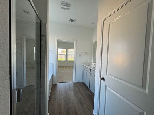 Bathroom, Glass Shower, Interior, Recessed Lighting, Wood Texture Flooring