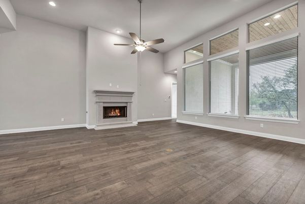 Empty room, Fireplace, Interior, Recessed Lighting, Wood Texture Flooring