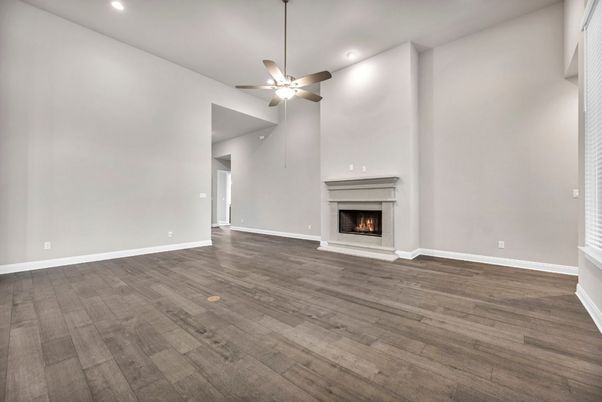 Empty room, Fireplace, Interior, Recessed Lighting, Wood Texture Flooring