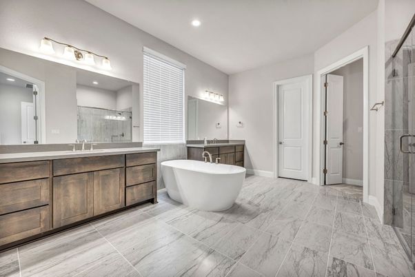Bathroom, Dual Sink Vanities, Free Standing Baths, Glass Shower, Interior, Marble, Recessed Lighting