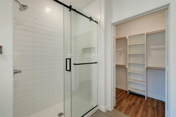 Bathroom, Glass Shower, Interior, Walk-in Closets, Wood Texture Flooring