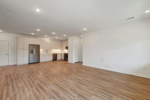 Empty room, Interior, Kitchen, Recessed Lighting, Wood Texture Flooring