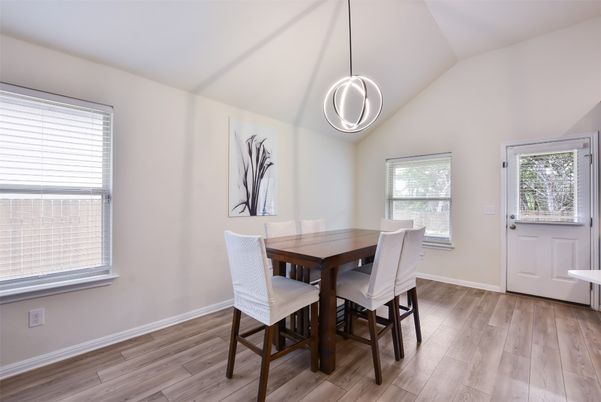 Dining room, Interior, Pendant Lights, Wood Texture Flooring