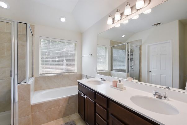 Bathroom, Dual Sink Vanities, Glass Shower, Interior, Recessed Lighting