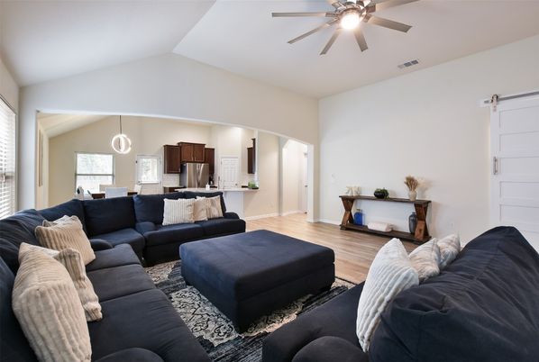 Dining room, Interior, Kitchen, Living room, Pendant Lights, Stainless Steel Appliances, Wood Texture Flooring