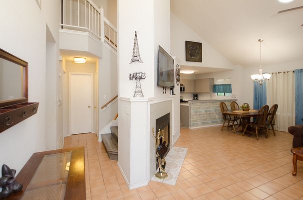 Chandelier, Dining room, Fireplace, Interior, Kitchen, Pendant Lights