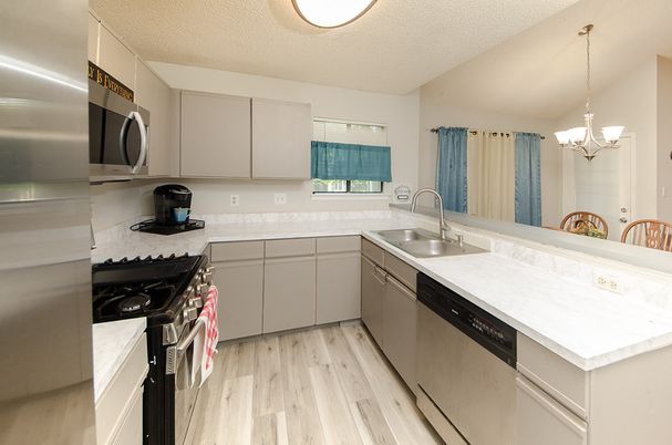 Chandelier, Interior, Kitchen, Stainless Steel Appliances, Wood Texture Flooring