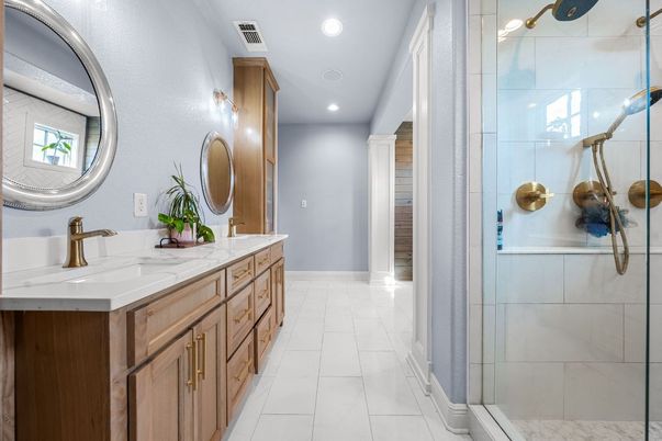 Bathroom, Dual Sink Vanities, Glass Shower, Interior, Recessed Lighting