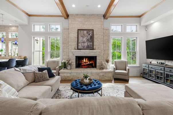Fireplace, Interior, Living room, Pendant Lights, Recessed Lighting, Stone Walls, Wooden Beams, Wood Texture Flooring