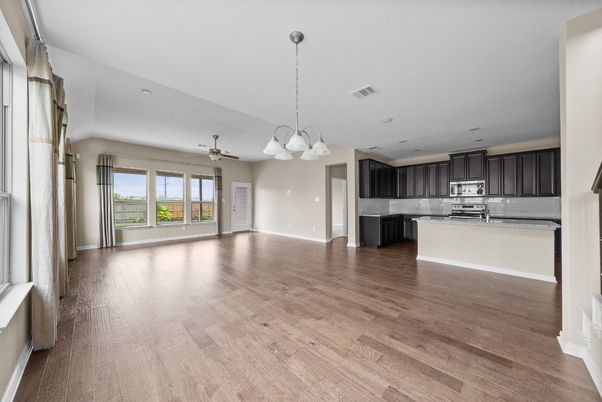 Chandelier, Empty room, Interior, Kitchen, Pendant Lights, Recessed Lighting, Wood Texture Flooring