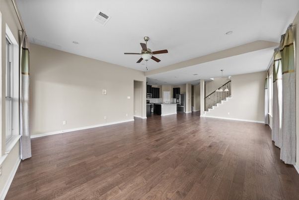 Empty room, Interior, Kitchen, Pendant Lights, Recessed Lighting, Wood Texture Flooring