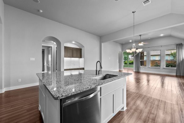 Chandelier, Interior, Kitchen, Recessed Lighting, Stainless Steel Appliances, Wood Texture Flooring
