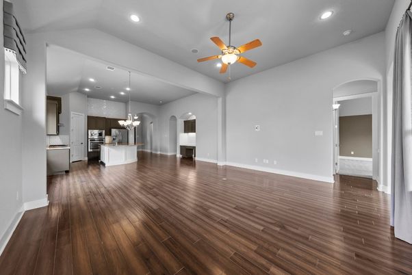 Empty room, Interior, Kitchen, Recessed Lighting, Wood Texture Flooring
