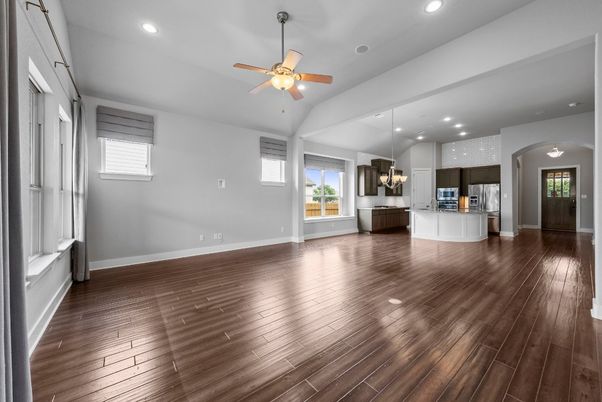 Empty room, Interior, Kitchen, Recessed Lighting, Wood Texture Flooring