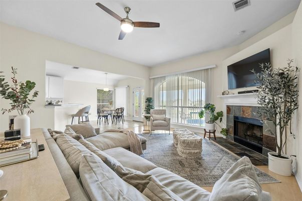 Dining room, Fireplace, Interior, Living room, Pendant Lights, Wood Texture Flooring