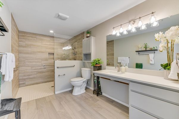 Bathroom, Glass Shower, Interior, Recessed Lighting, Wood Texture Flooring