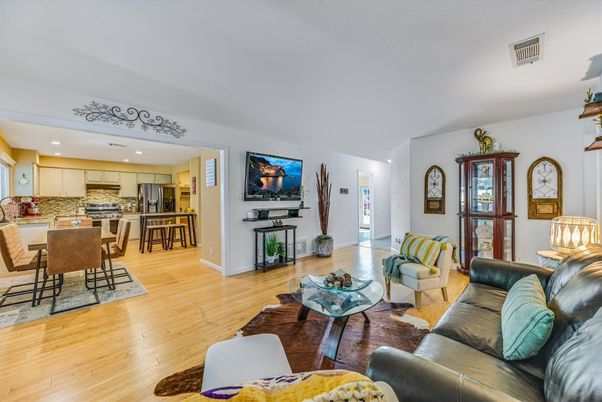 Dining room, Interior, Kitchen, Living room, Recessed Lighting, Stainless Steel Appliances, Wood Texture Flooring