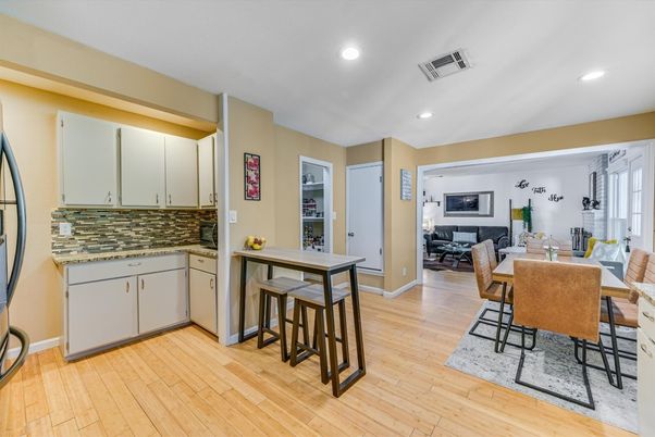 Dining room, Interior, Kitchen, Living room, Recessed Lighting, Wood Texture Flooring