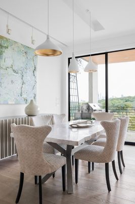 Dining room, Interior, Pendant Lights, Wood Texture Flooring