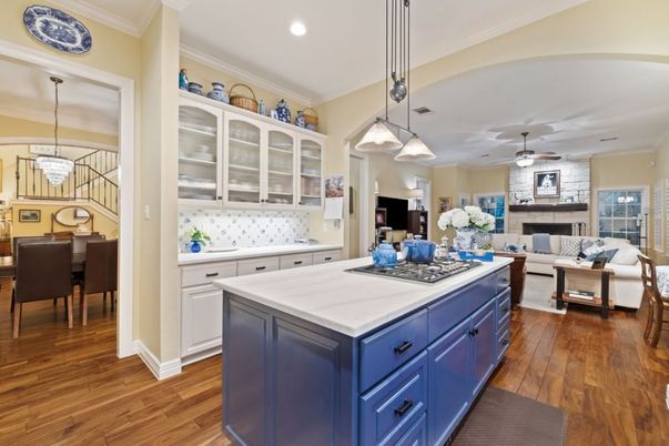 Dining room, Fireplace, Interior, Kitchen, Living room, Pendant Lights, Recessed Lighting, Wood Texture Flooring