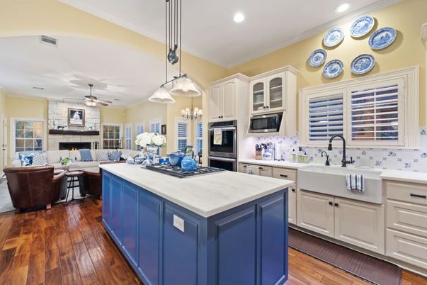 Fireplace, Interior, Kitchen, Living room, Pendant Lights, Recessed Lighting, Stone Walls, Wood Texture Flooring